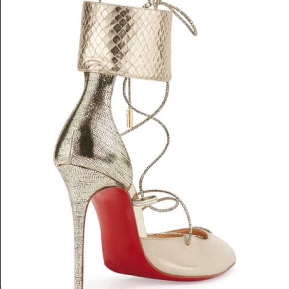 Christian Louboutin Cord Ankle  100mm Gold Lace-Up Heels Size 7.5 - Picture 3 of 15